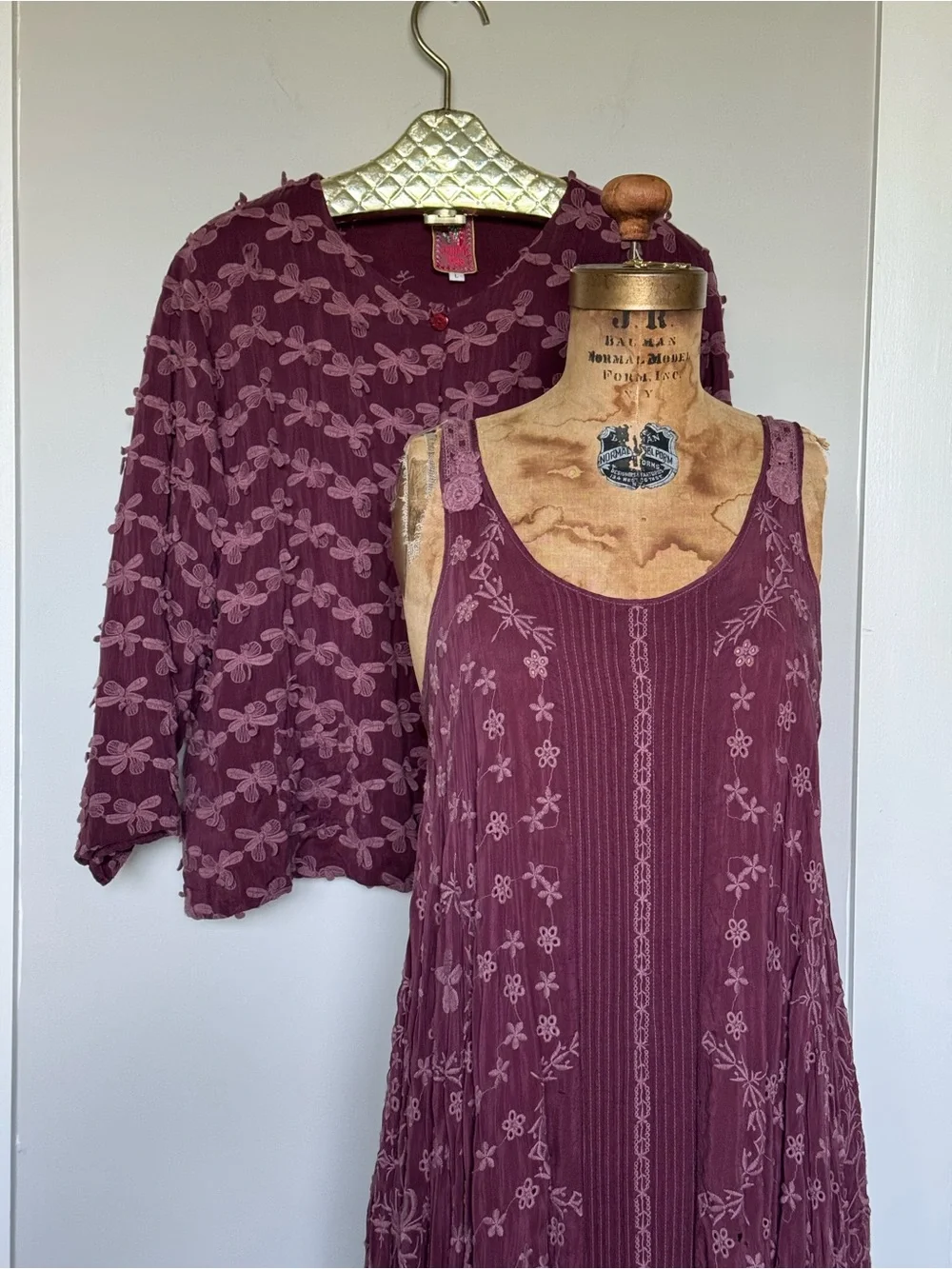 Johnny Was Burgundy Plissé Mesh Embroidered Maxi Dress & Matching Jacket Set S/L